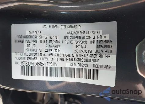 2015 Mazda Cx-9 Touring из США, поврежденный, VIN JM3TB3CVXF0464591